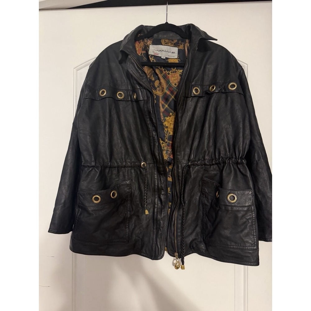 Vintage Maxime Italy Black Leather Jacket Women Size 42 Gold Details